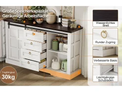Aparador de cocina - 150 x 40 x 85 cm - con puertas correderas + 4 cajones - estilo rústico - MDF - blanco