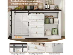 Aparador de cocina - 150 x 40 x 85 cm - con puertas correderas + 4 cajones - estilo rústico - MDF - blanco