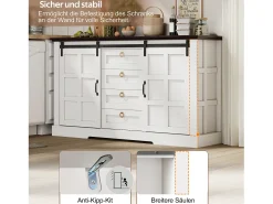 Aparador de cocina - 150 x 40 x 85 cm - con puertas correderas + 4 cajones - estilo rústico - MDF - blanco
