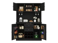 Aparador de cocina - 120 x 40 x 188 cm - con estantes regulables + botellero + 4 puertas + 2 cajones - MDF - negro