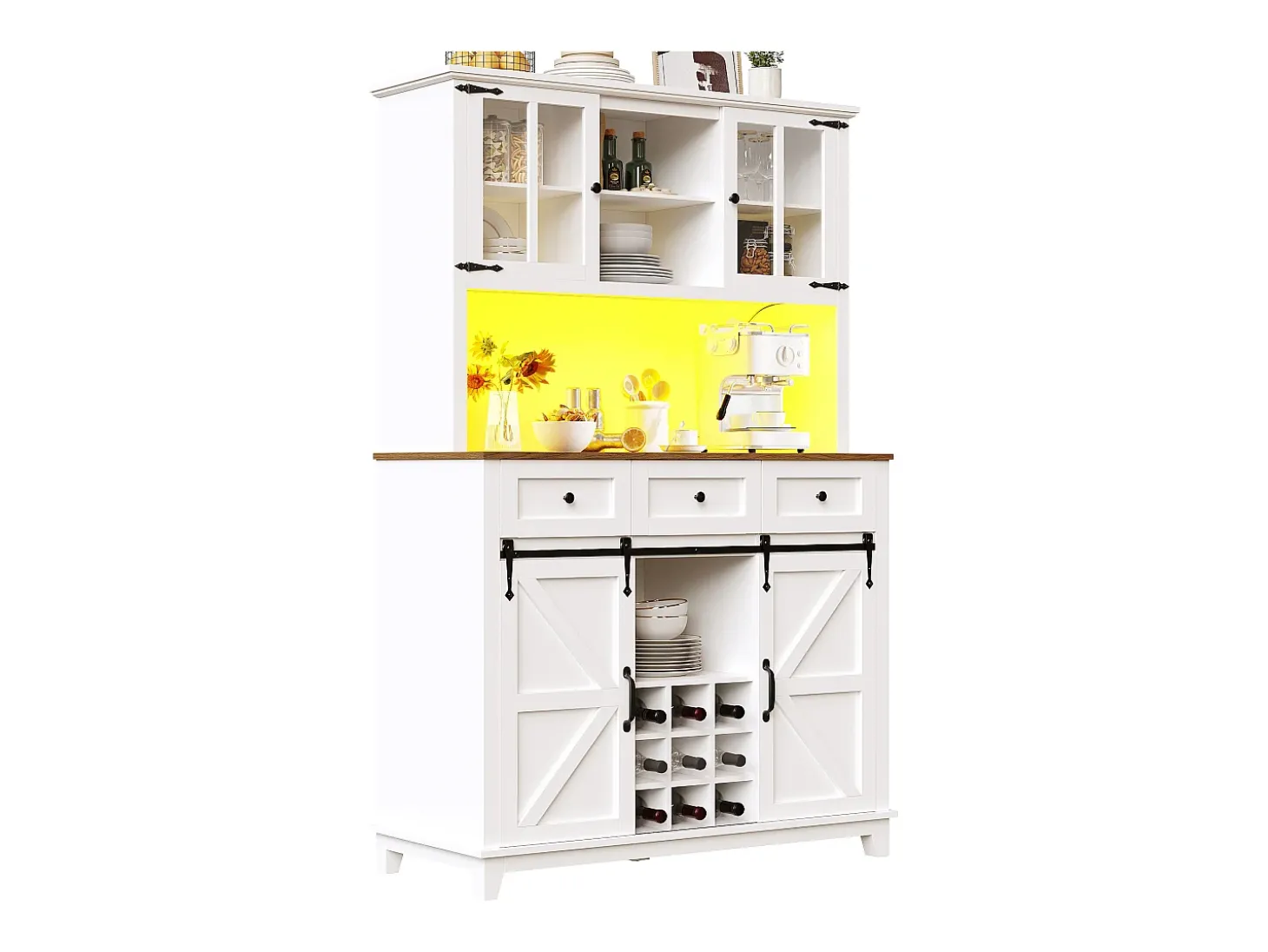 Aparador de cocina - con LED - con puerta corredera y 3 cajones - con estante ajustable - blanco