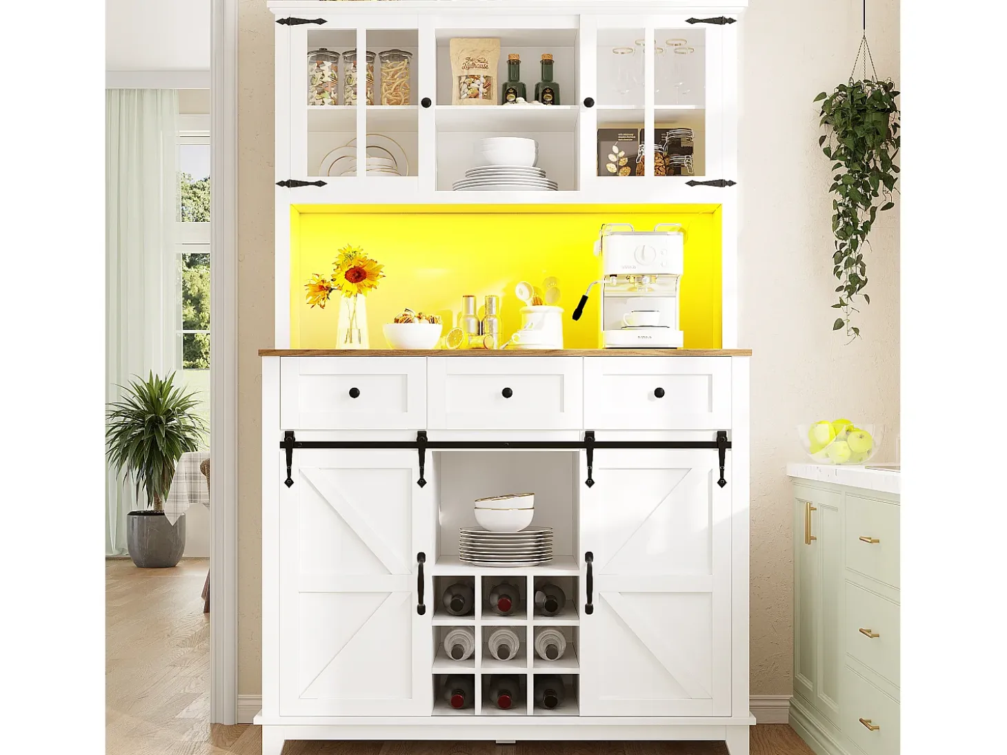 Aparador de cocina - con LED - con puerta corredera y 3 cajones - con estante ajustable - blanco