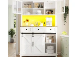 Aparador de cocina - con LED - con puerta corredera y 3 cajones - con estante ajustable - blanco