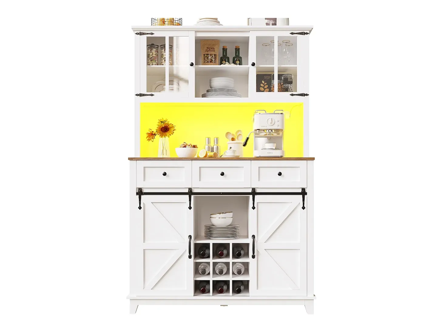 Aparador de cocina - con LED - con puerta corredera y 3 cajones - con estante ajustable - blanco
