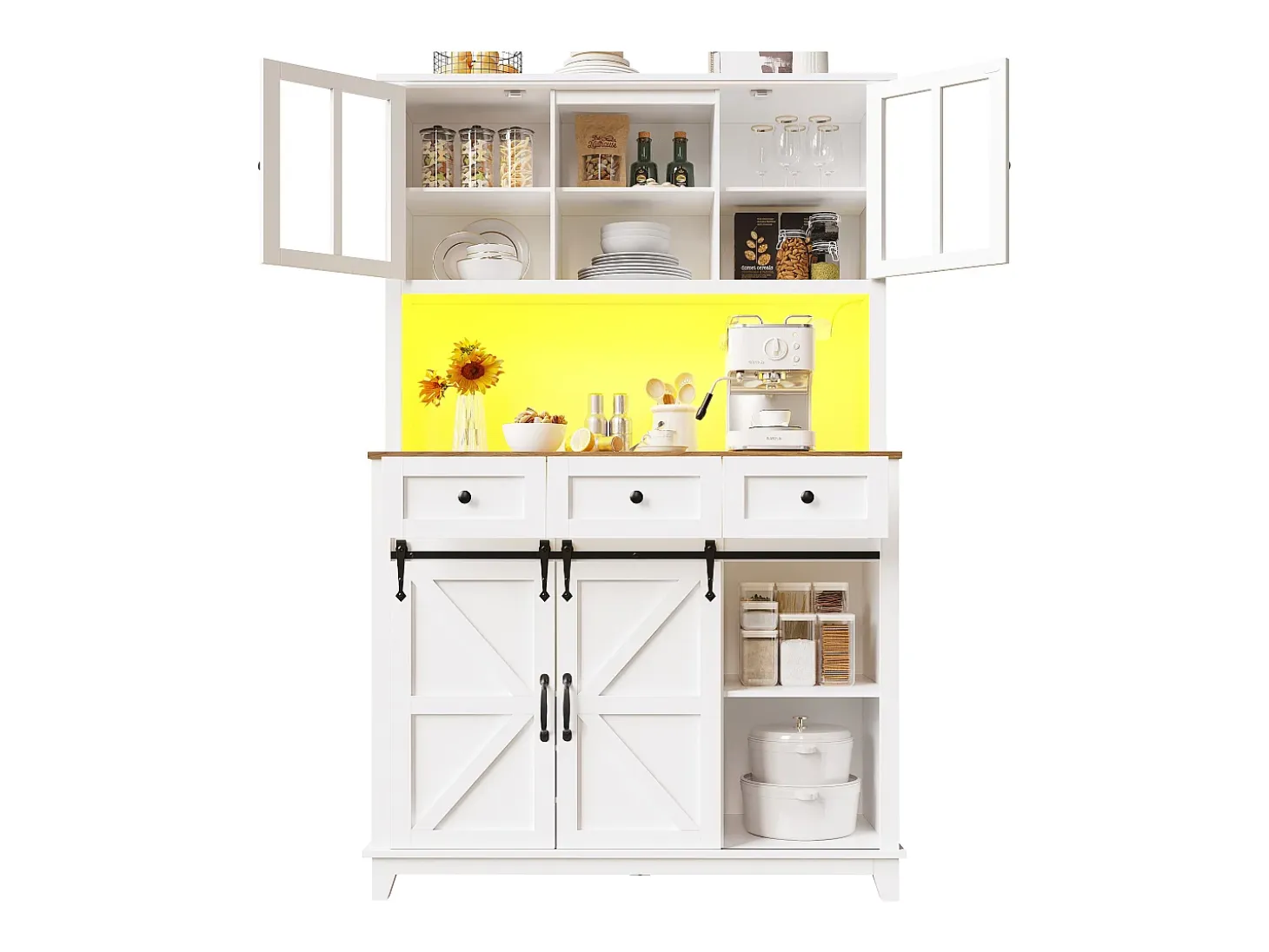 Aparador de cocina - con LED - con puerta corredera y 3 cajones - con estante ajustable - blanco