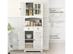 Aparador de cocina con 2 cajones y puertas de cristal, espacio para guardar vajilla, 68 x 39,5 x 170 cm, blanco