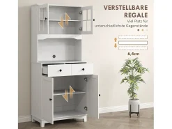 Aparador de cocina con 2 cajones y puertas de cristal, espacio para guardar vajilla, 68 x 39,5 x 170 cm, blanco