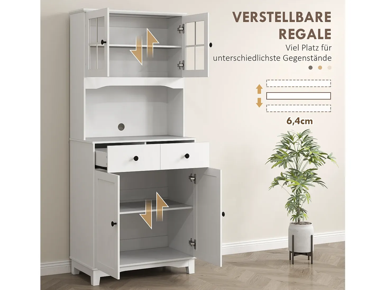 Aparador de cocina con 2 cajones y puertas de cristal, espacio para guardar vajilla, 68 x 39,5 x 170 cm, blanco