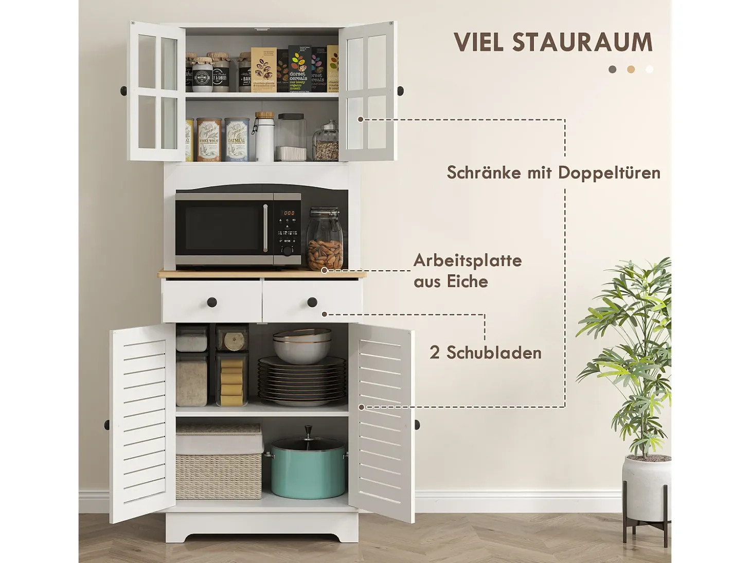 Aparador de cocina con 2 cajones y puertas de cristal, espacio para guardar vajilla, 68 x 39,5 x 170 cm, blanco