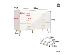 Aparador de cocina con 6 cajones, cuerpo blanco, tiradores y patas de metal dorado - 120x40x75cm