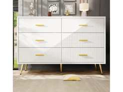 Aparador de cocina con 6 cajones, cuerpo blanco, tiradores y patas de metal dorado - 120x40x75cm