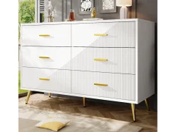 Aparador de cocina con 6 cajones, cuerpo blanco, tiradores y patas de metal dorado - 120x40x75cm