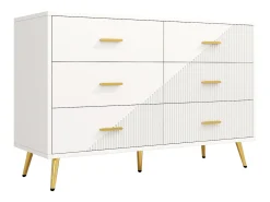 Aparador de cocina con 6 cajones, cuerpo blanco, tiradores y patas de metal dorado - 120x40x75cm