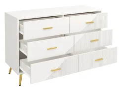 Aparador de cocina con 6 cajones, cuerpo blanco, tiradores y patas de metal dorado - 120x40x75cm