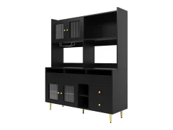Aparador de cocina con 4 puertas de cristal y 5 cajones, patas doradas, negro