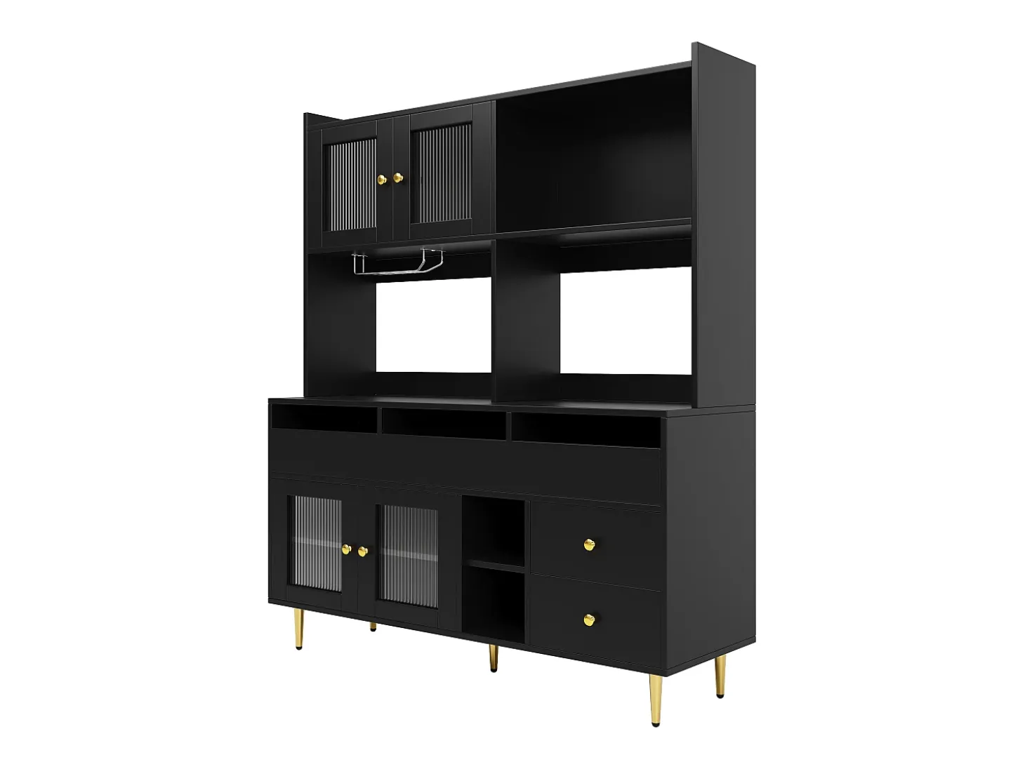 Aparador de cocina con 4 puertas de cristal y 5 cajones, patas doradas, negro