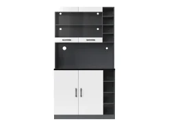 Aparador de cocina con 2 puertas, 2 puertas acrílicas e iluminación LED, gris y blanco