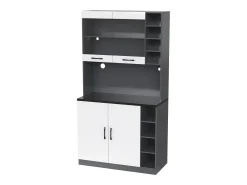 Aparador de cocina con 2 puertas, 2 puertas acrílicas e iluminación LED, gris y blanco
