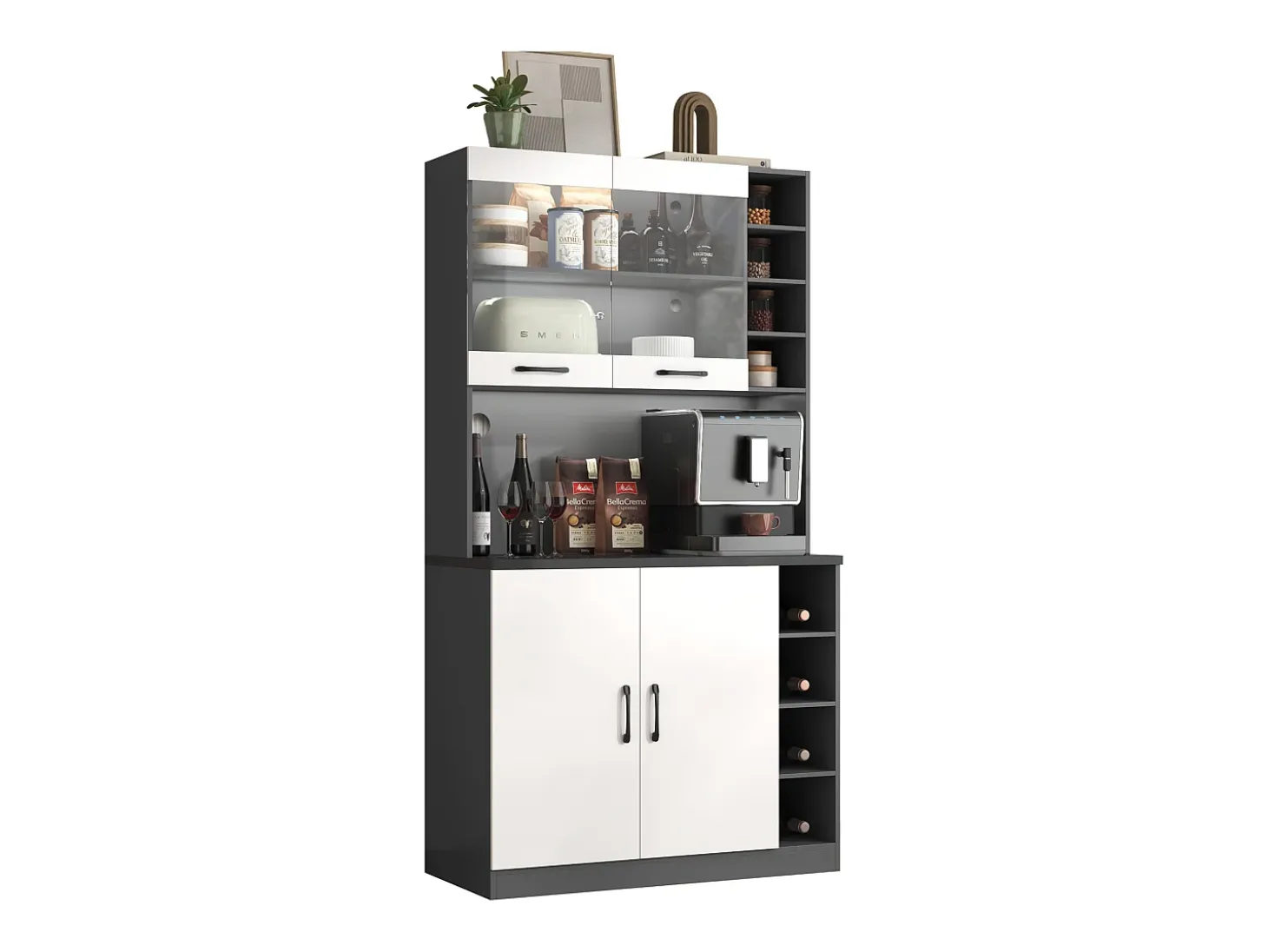 Aparador de cocina con 2 puertas, 2 puertas acrílicas e iluminación LED, gris y blanco