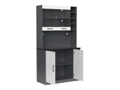 Aparador de cocina con 2 puertas, 2 puertas acrílicas e iluminación LED, gris y blanco
