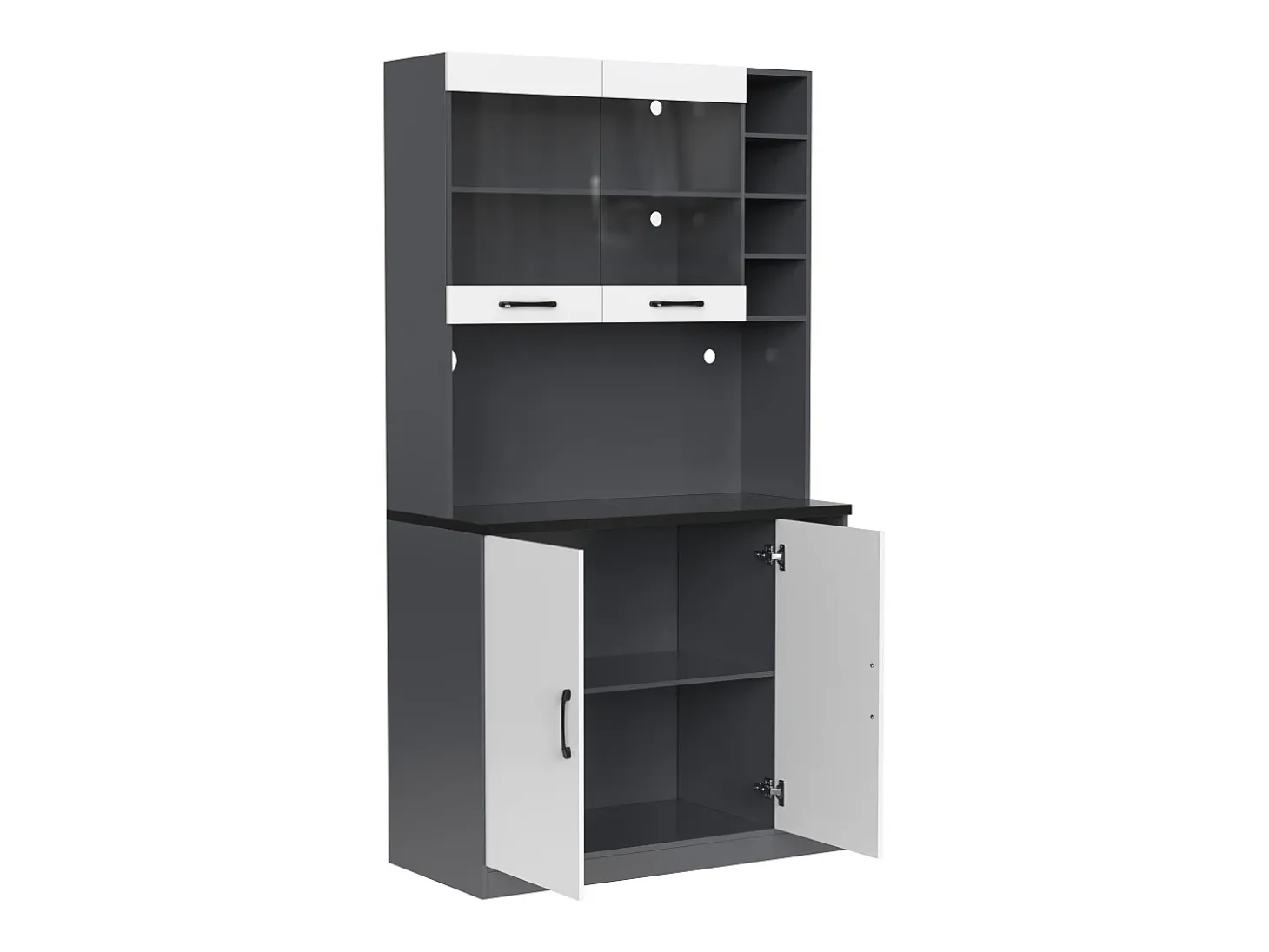 Aparador de cocina con 2 puertas, 2 puertas acrílicas e iluminación LED, gris y blanco