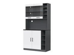 Aparador de cocina con 2 puertas, 2 puertas acrílicas e iluminación LED, gris y blanco