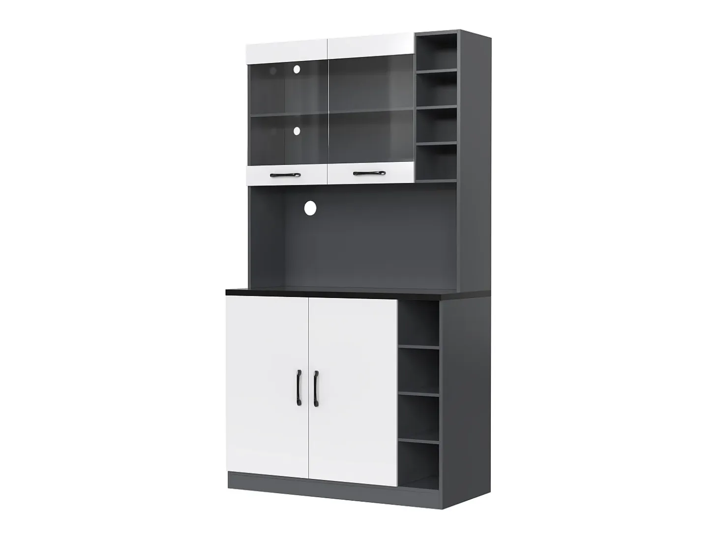 Aparador de cocina con 2 puertas, 2 puertas acrílicas e iluminación LED, gris y blanco
