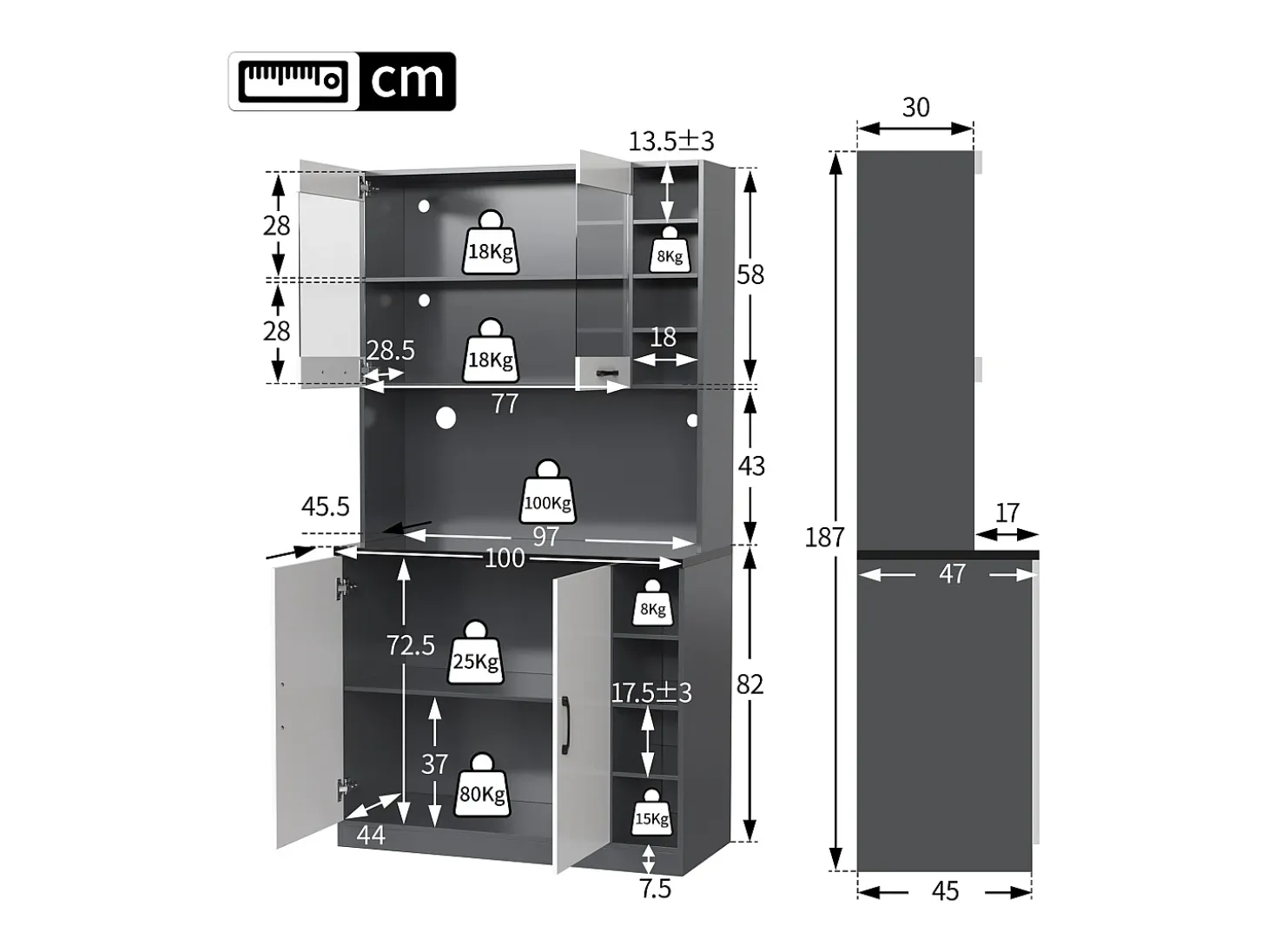 Aparador de cocina con 2 puertas, 2 puertas acrílicas e iluminación LED, gris y blanco