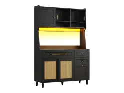 Aparador de cocina con 4 puertas correderas, 3 cajones e iluminación LED - Madera, ratán y cristal - Negro