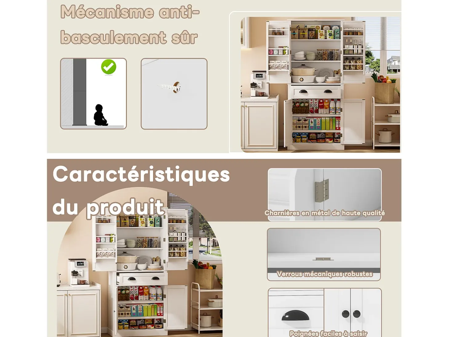 Aparador de cocina con 4 puertas y cajón - Estantes regulables - Blanco