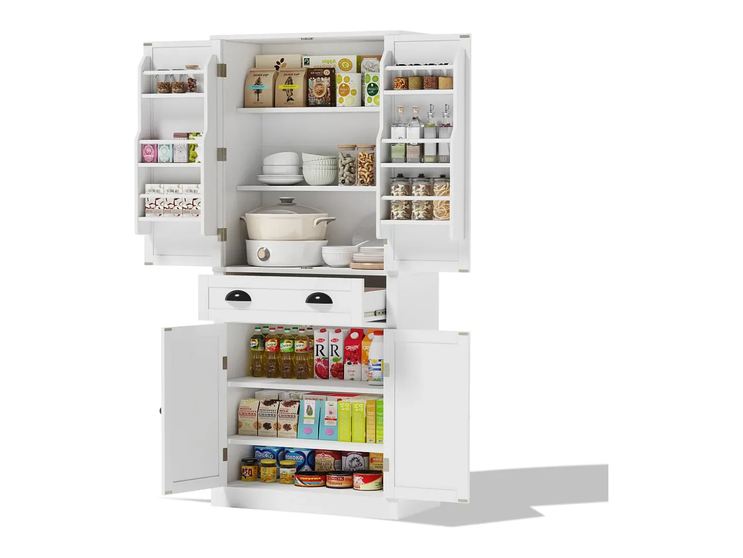 Aparador de cocina con 4 puertas y cajón - Estantes regulables - Blanco