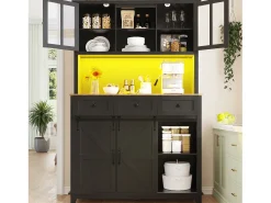 Aparador de cocina con 4 puertas, 3 cajones, botellero e iluminación LED - Madera MDF - Negro