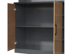 Aparador de cocina con 2 puertas acrílicas e iluminación LED, gris y natural