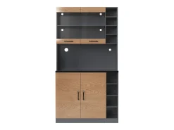Aparador de cocina con 2 puertas acrílicas e iluminación LED, gris y natural