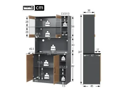 Aparador de cocina con 2 puertas acrílicas e iluminación LED, gris y natural