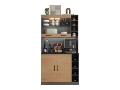 Aparador de cocina con 2 puertas acrílicas e iluminación LED, gris y natural