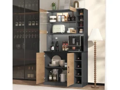 Aparador de cocina con 2 puertas acrílicas e iluminación LED, gris y natural