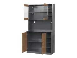 Aparador de cocina con 2 puertas acrílicas e iluminación LED, gris y natural