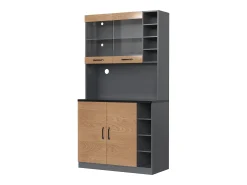 Aparador de cocina con 2 puertas acrílicas e iluminación LED, gris y natural