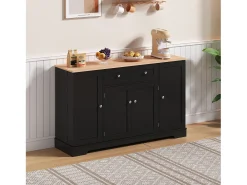 Aparador de cocina con 4 puertas y 1 cajón - 138 x 40 x 85 cm - Madera MDF - Estantes regulables - Negro + natural