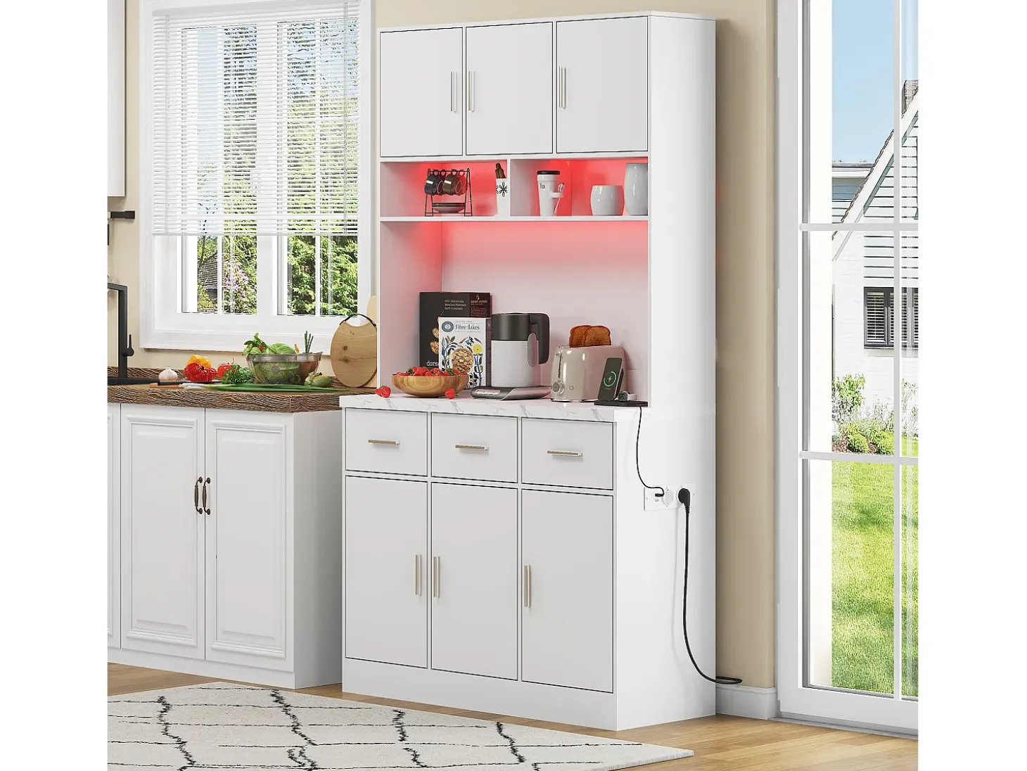 Aparador de cocina con 6 puertas, 3 cajones, iluminación LED y enchufes, color blanco