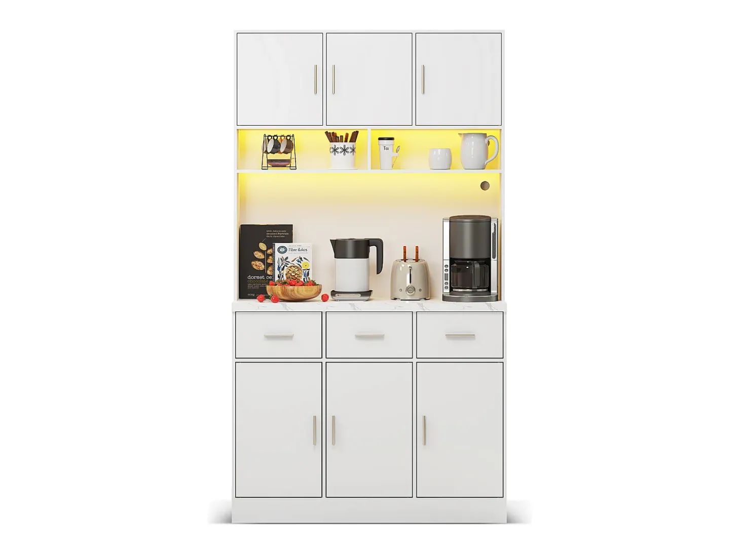 Aparador de cocina con 6 puertas, 3 cajones, iluminación LED y enchufes, color blanco