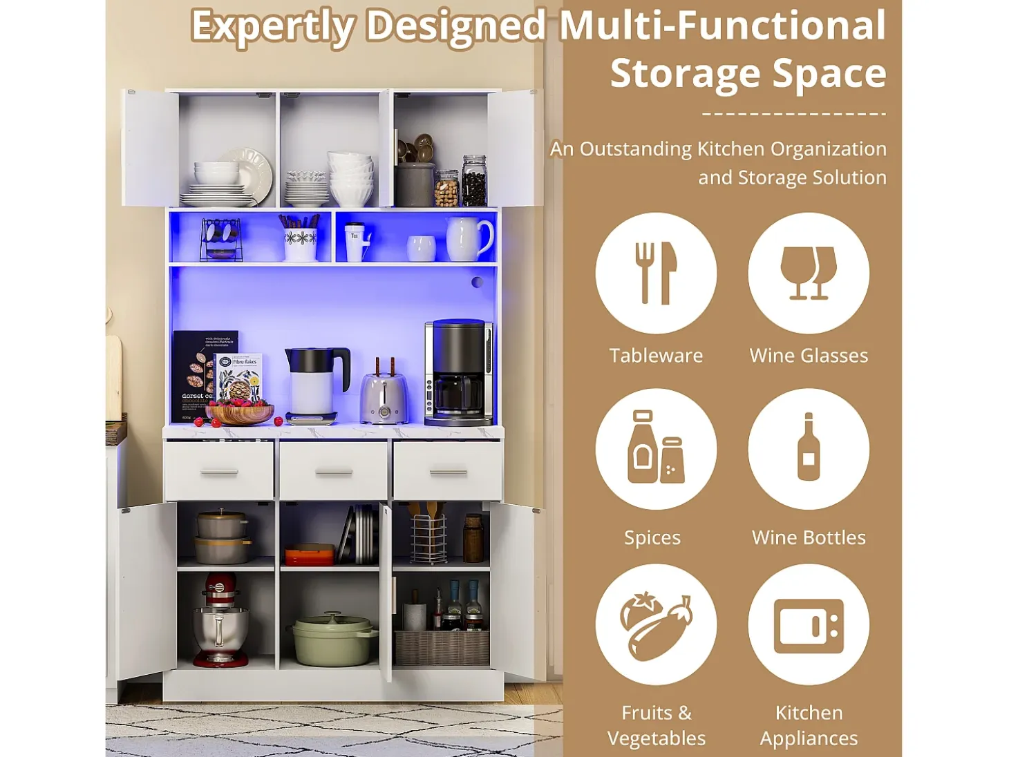 Aparador de cocina con 6 puertas, 3 cajones, iluminación LED y enchufes, color blanco