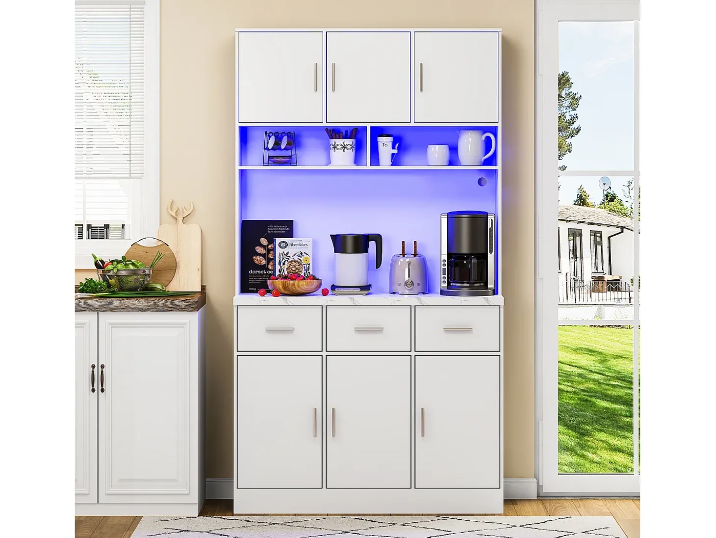 Aparador de cocina con 6 puertas, 3 cajones, iluminación LED y enchufes, color blanco