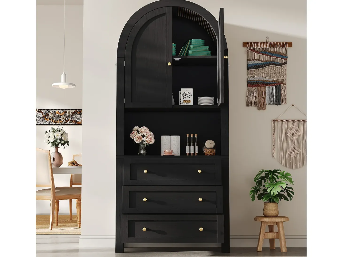 Aparador de cocina con 2 puertas, 3 cajones y 1 nicho, cuerpo negro con tiradores de metal dorado - 70x35x180cm