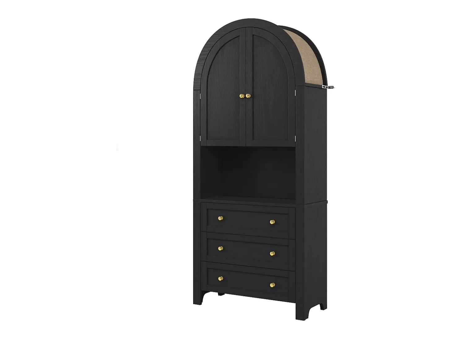 Aparador de cocina con 2 puertas, 3 cajones y 1 nicho, cuerpo negro con tiradores de metal dorado - 70x35x180cm