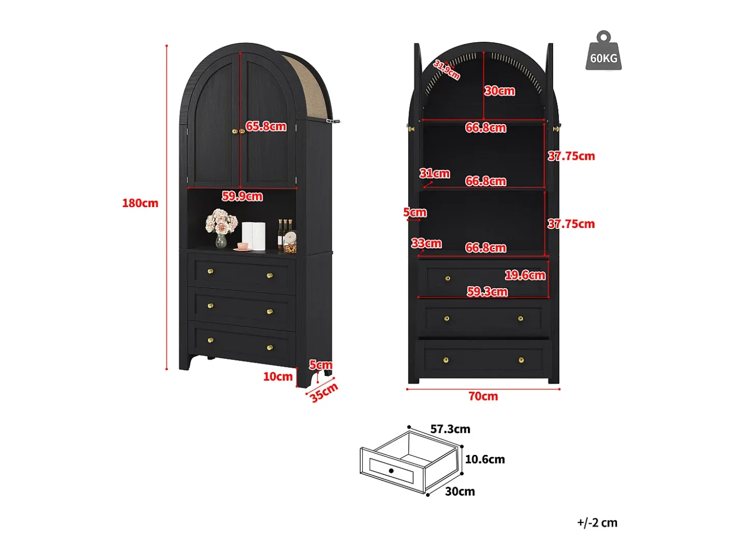Aparador de cocina con 2 puertas, 3 cajones y 1 nicho, cuerpo negro con tiradores de metal dorado - 70x35x180cm