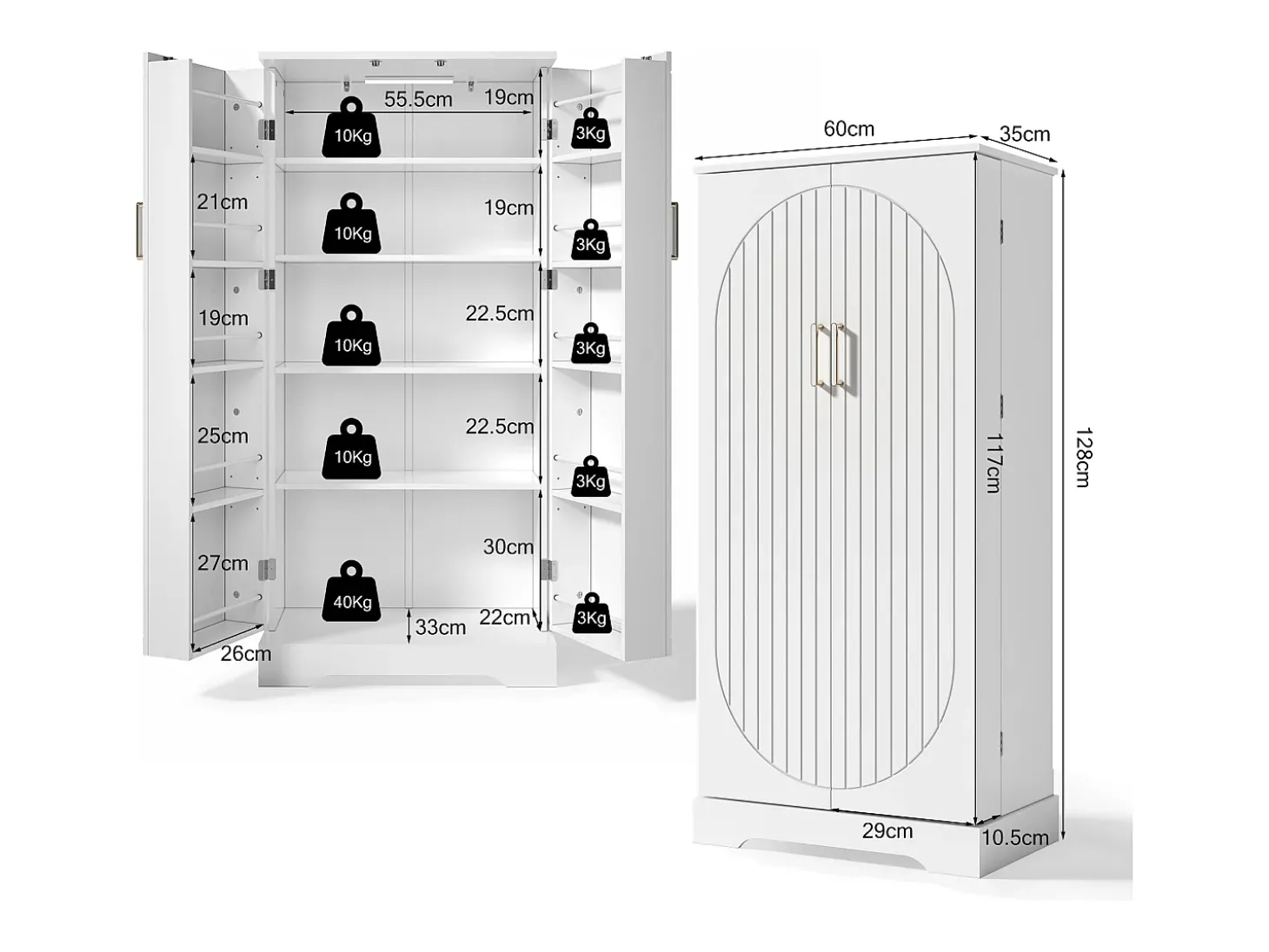 Aparador de cocina con 2 puertas y sensor LED - Rayas verticales ovaladas - Blanco