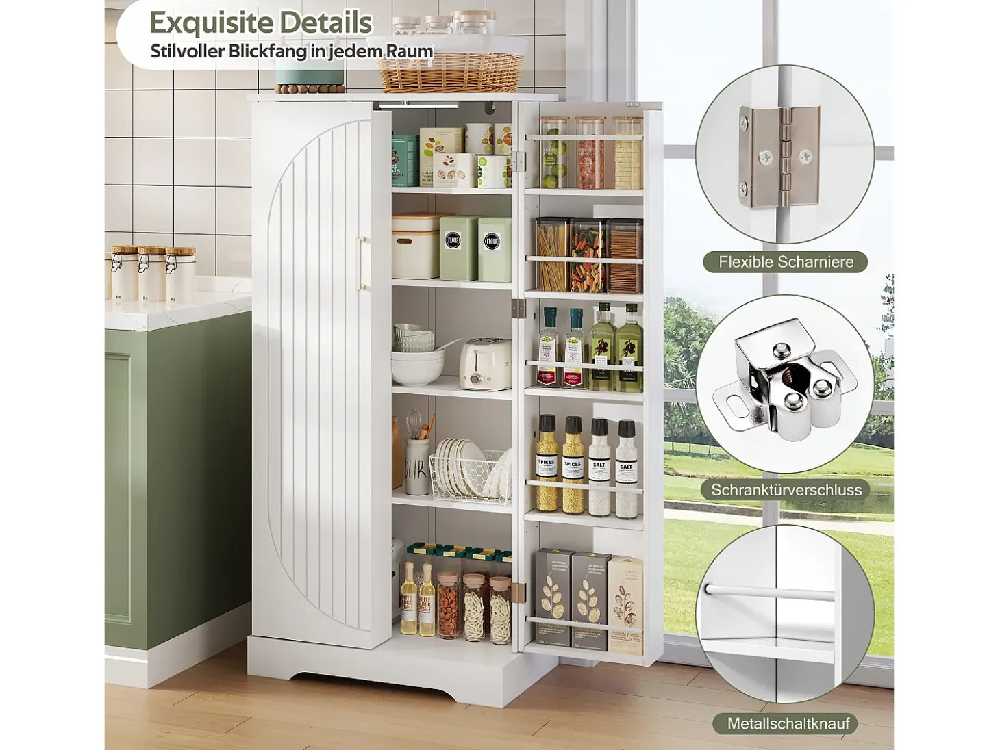 Aparador de cocina con 2 puertas y sensor LED - Rayas verticales ovaladas - Blanco