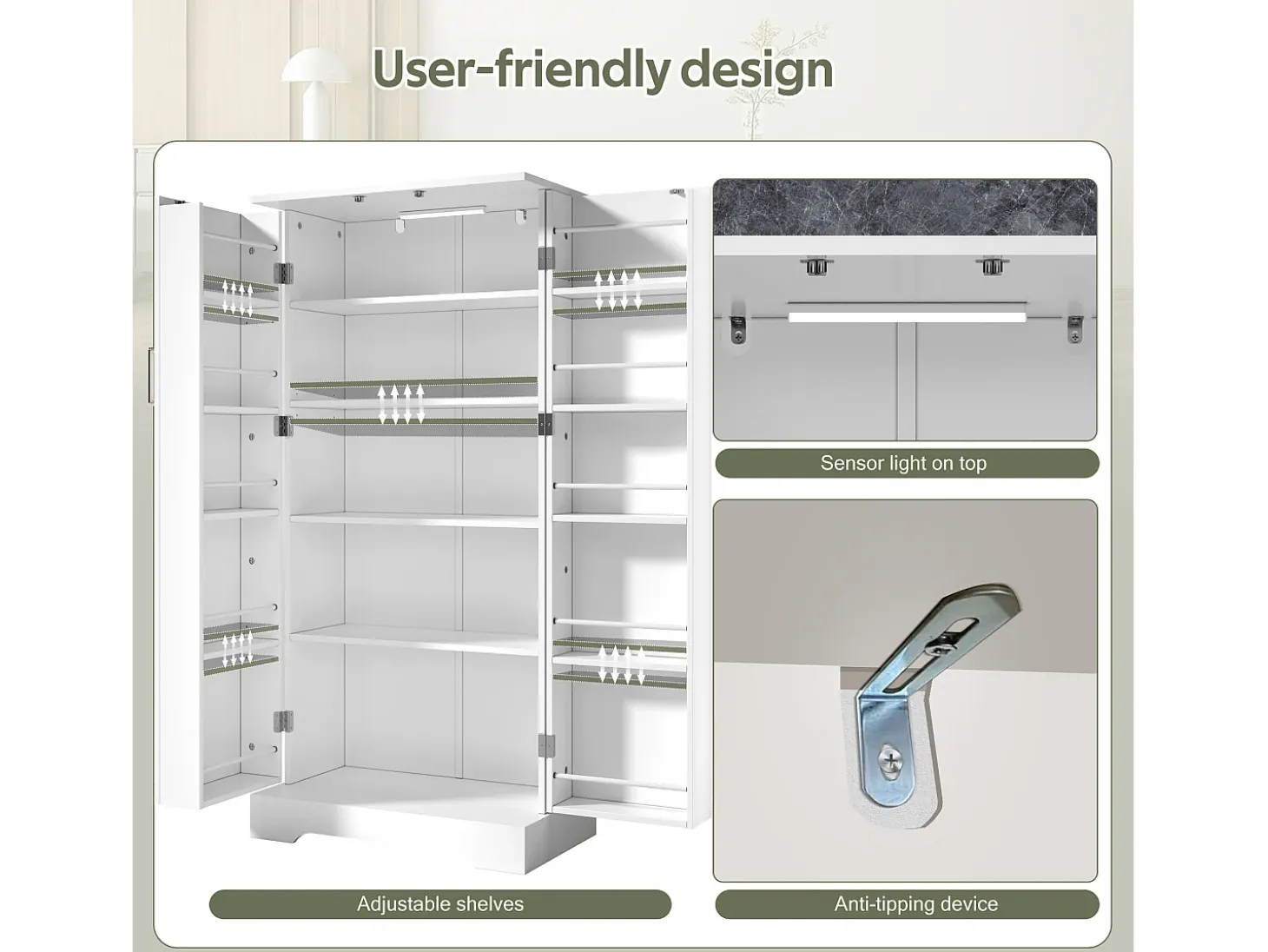 Aparador de cocina con 2 puertas y sensor LED - Rayas verticales ovaladas - Blanco